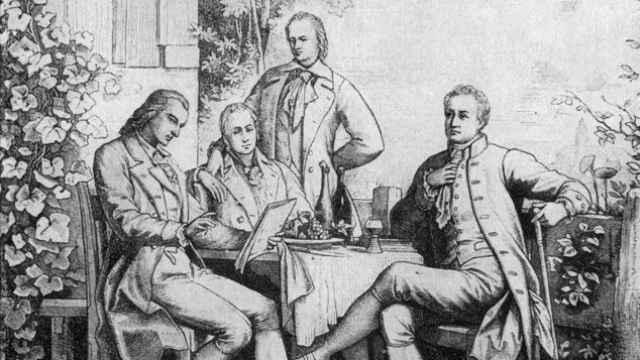 Reunión en Jena, hacia 1793. Desde la izquierda: F. Schiller, Wilhelm y Alexander von Humboldt y J. W. von Goethe.