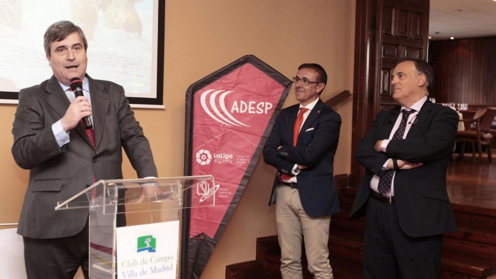 Miguel Cardenal, Javier Tebas y José Hidalgo en la presentación de ADESP