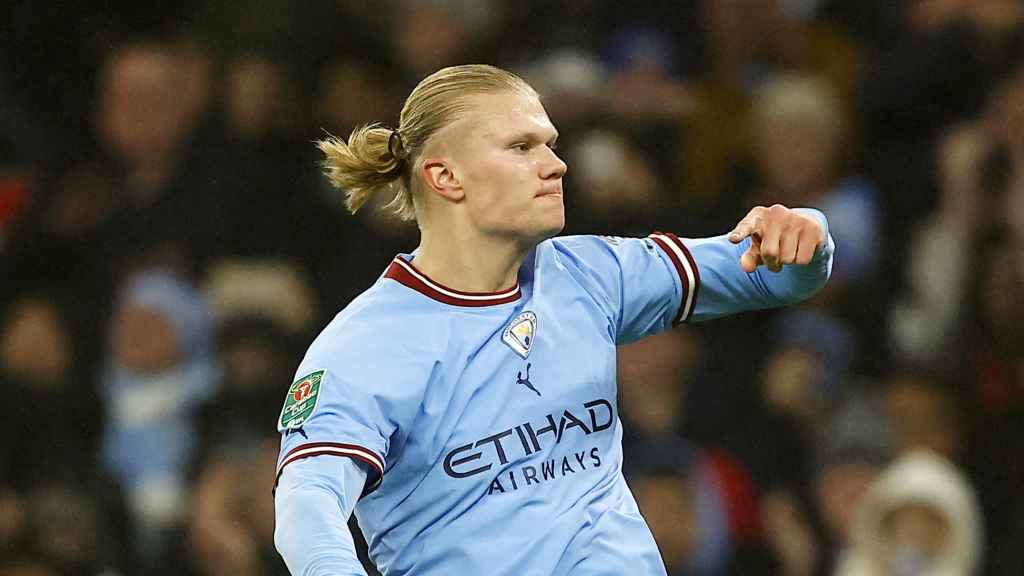 Erling Haaland, celebrando un gol con el Manchester City en la temporada 2022/2023