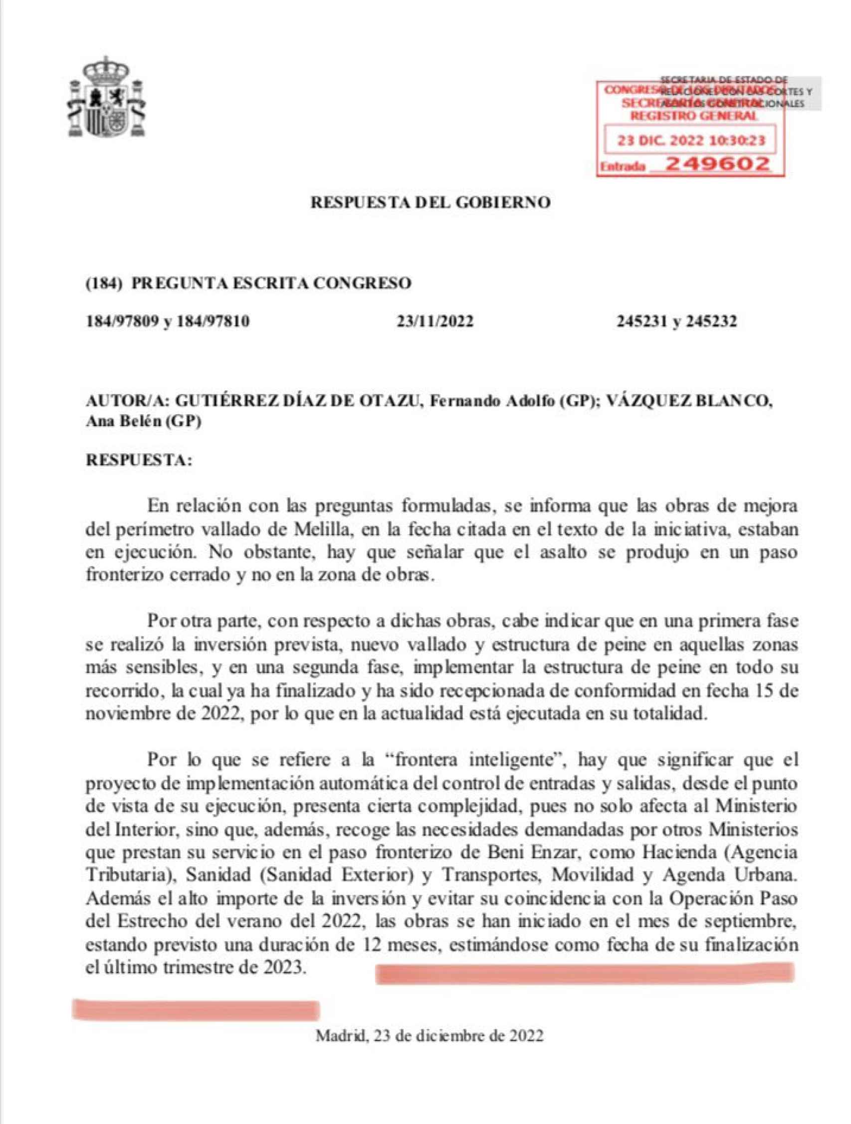 Respuesta parlamentaria del Gobierno sobre la reforma del vallado de Melilla.