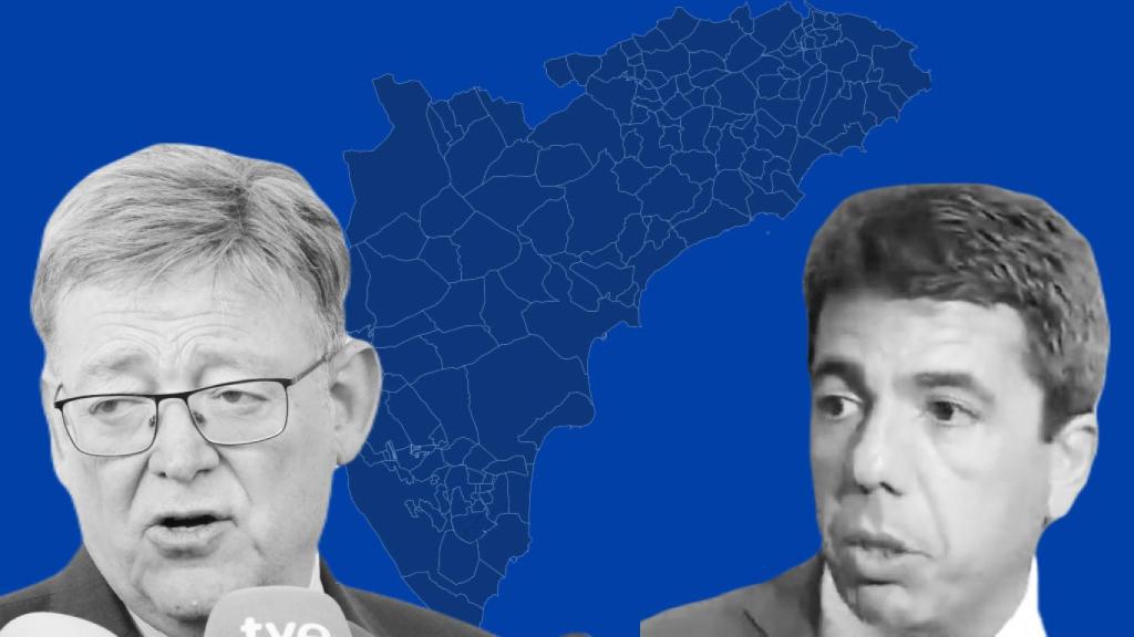 Ximo Puig y Carlos Mazón, con el mapa de la provincia al fondo.