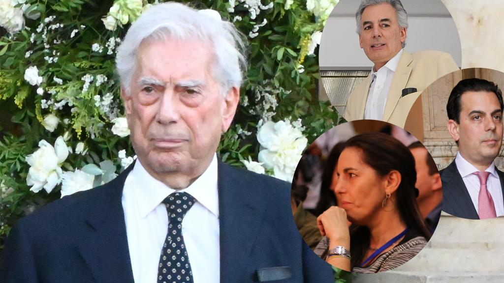 El Premio Nobel Mario Vargas Llosa junto a sus tres hijos, Álvaro, Gonzalo y Morgana, en un montaje de EL ESPAÑOL.