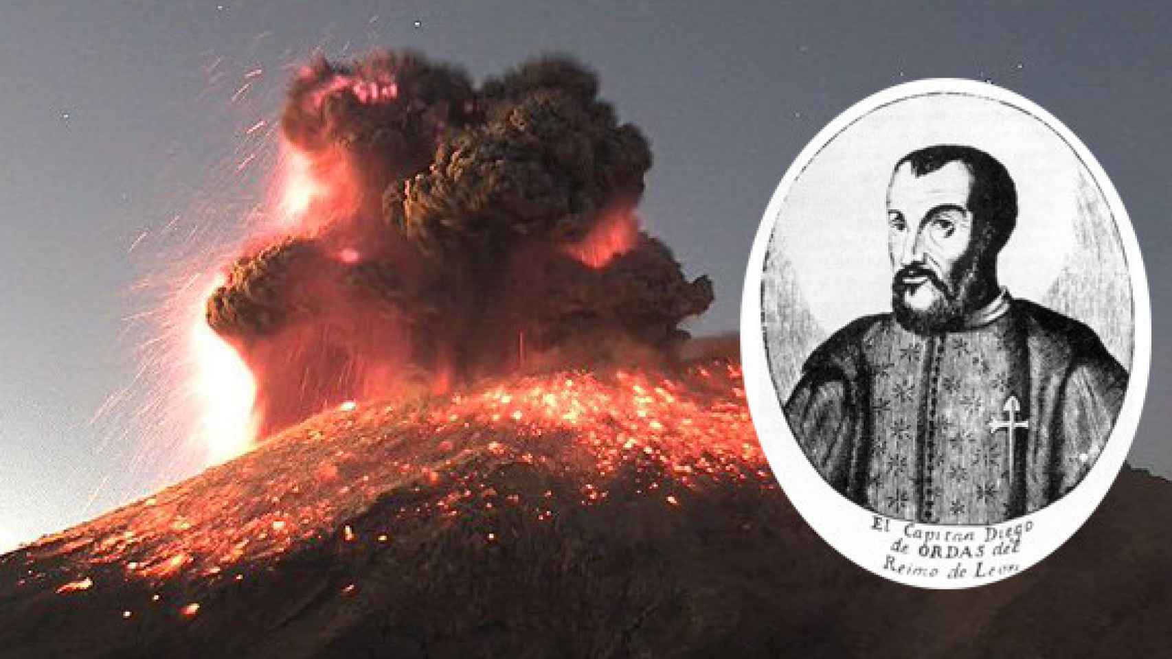 Retrato de Diego de Ordás y, de fondo, el volcán Popocatépetl, que ha registrado varias explosiones este mes (imagen Cenapred)