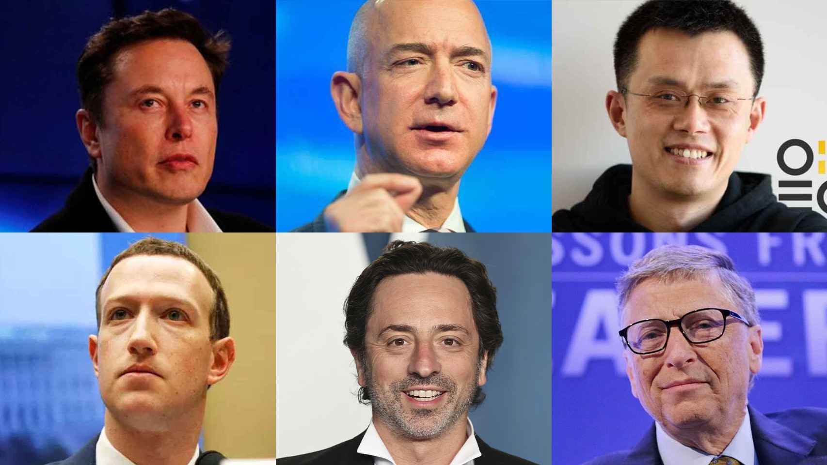 Arriba: Elon Musk, Jeff Bezos y Changpeng Zhao. Abajo, Mark Zuckerberg, Sergey Brin y Bill Gates.