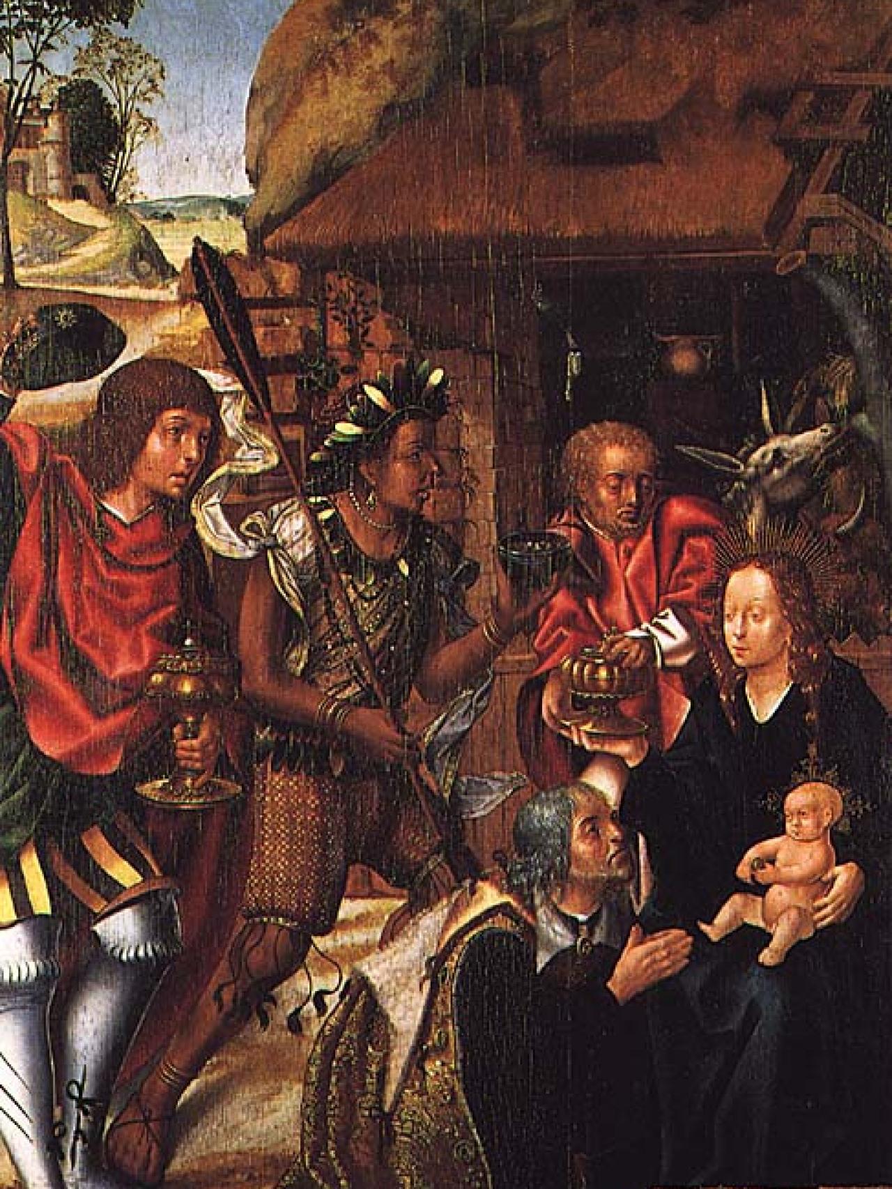 La Adoración de los Reyes Magos (Adoração dos Magos, 1501-06), pintado por Vasco Fernandes (Grão Vasco).