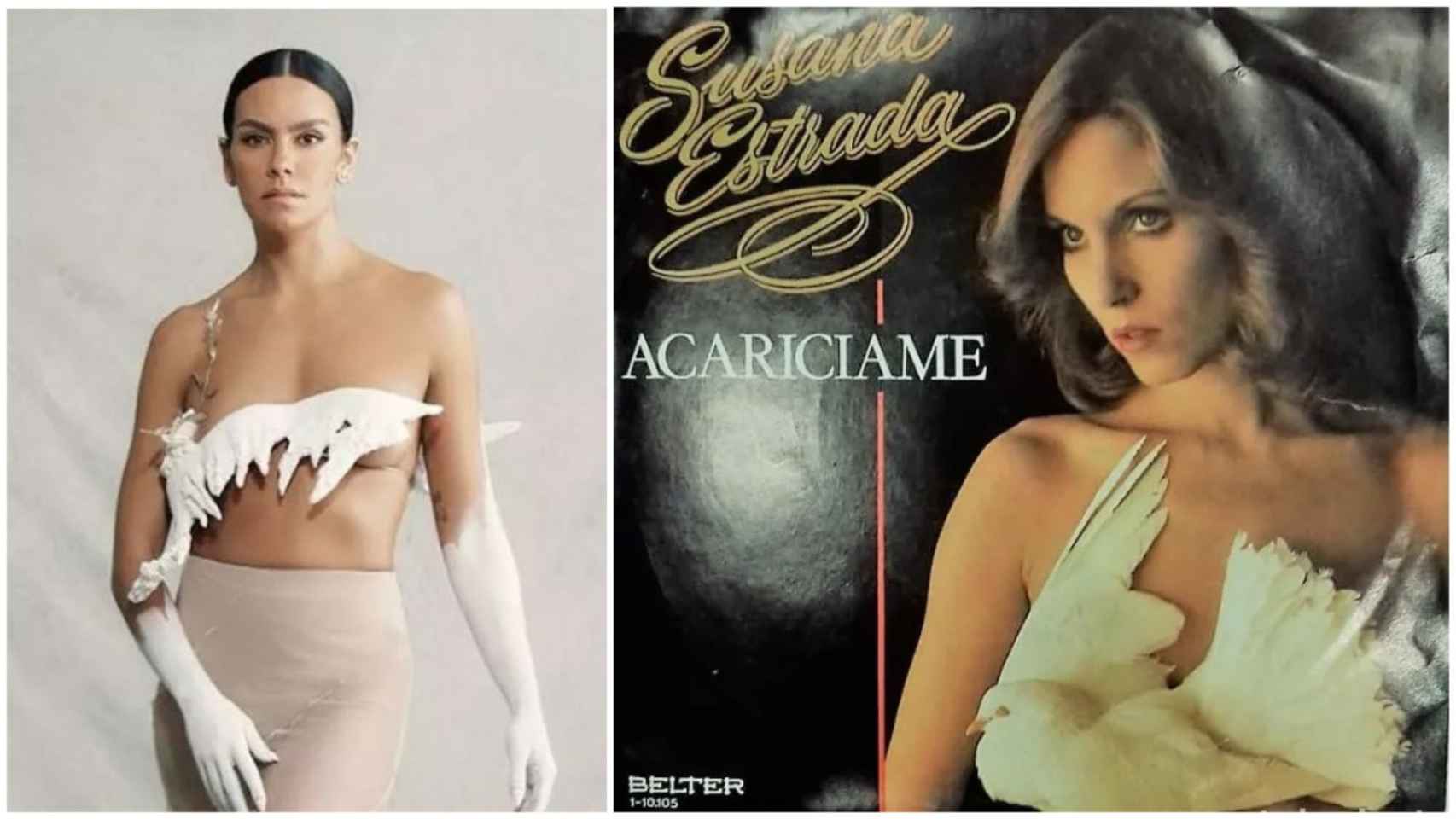 El vestido de Cristina Pedroche, con la paloma,  y la portada del single de Susana Estrada, de 1980.