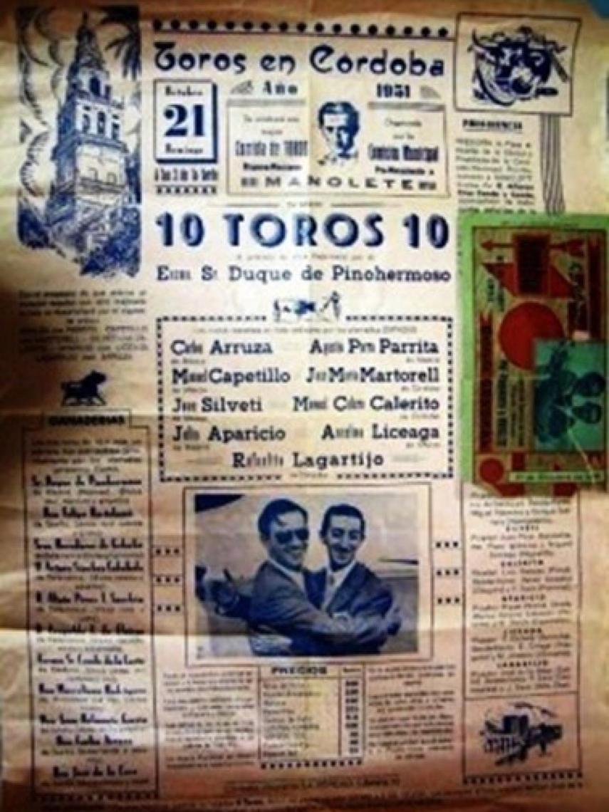 Cartel del festival organizado por Arruza en Córdoba en 1951, donde se lidiaron diez toros en pro del monumento dedicado a Manolete (Mex. Mix.)