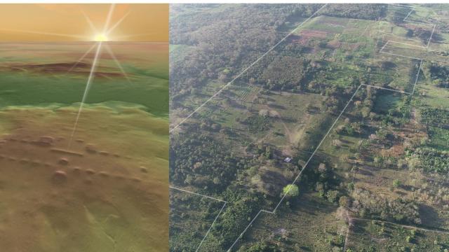 Imagen 3D del LiDAR del sitio de Buenavista en el día de su alineación con la salida del sol y vista aérea de la gran plataforma de Aguada Fénix. Foto: Takeshi Inomata