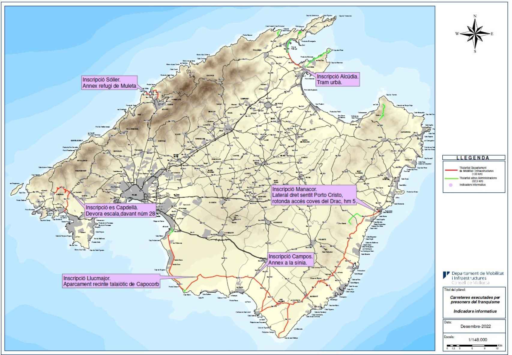 Mapa de carreteras de Mallorca con la ubicación de los paneles informativos. Las señaladas en rojo (de titularidad del gobierno balear) y verde (de otras administraciones) son las que construyeron presos republicanos, y suman 166 kilómetros.