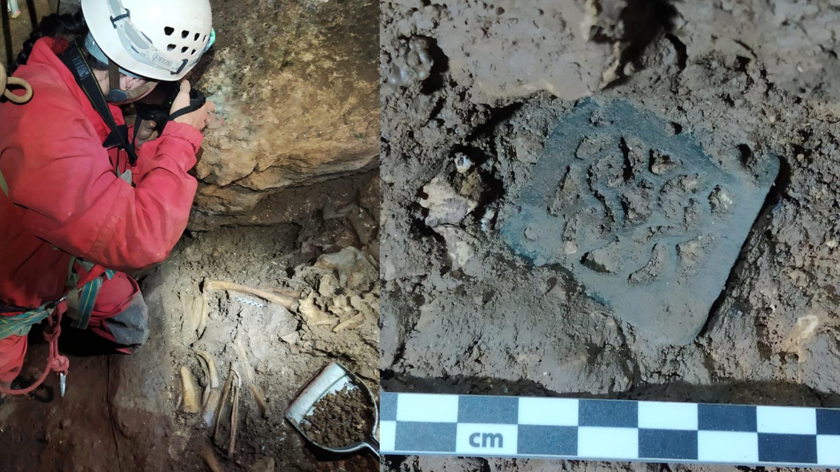Hallazgo de restos humanos en la cueva de La Cerrosa y la hebilla del cinturón. Foto: Susana de Luis