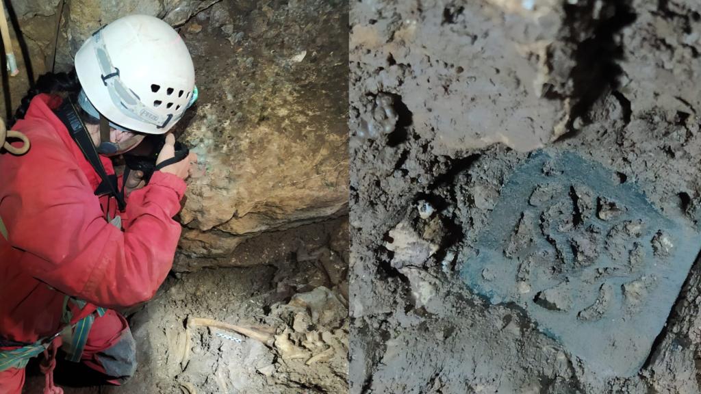 Hallazgo de restos humanos en la cueva de La Cerrosa y la hebilla del cinturón. Foto: Susana de Luis