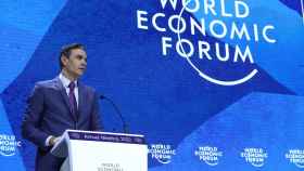 El presidente del Gobierno, Pedro Sánchez, durante su intervención en el Foro Económico Mundial en Davos (Suiza).