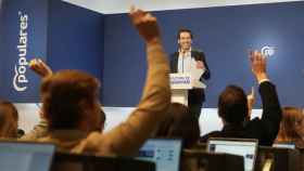 Borja Sémper, portavoz de la campaña del PP, este lunes en la sala de prensa de Génova 13.