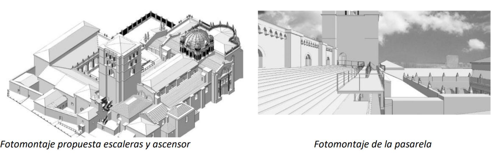 Dibujos del proyecto de ascensor, pasarela y escaleras para el acceso al tejado de la Catedral