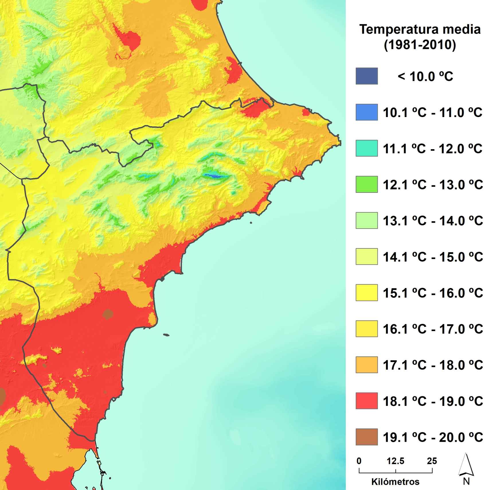 Temperaturas medias en la provincia de Alicante.