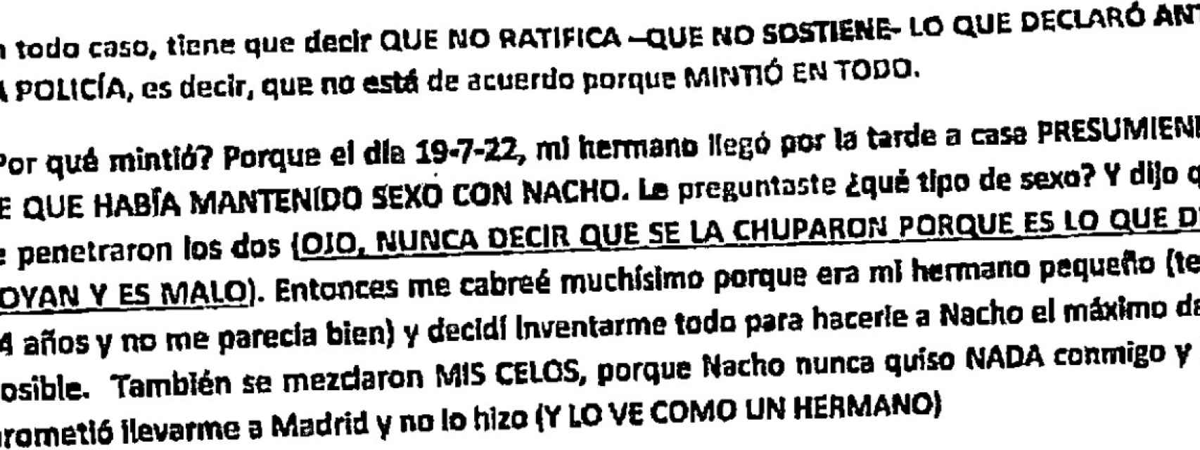 Extracto de uno de los guiones que obraba en poder del adolescentes que delató la supuesta trama para modificar los testimonios en el juzgado contra Nacho Jacob.