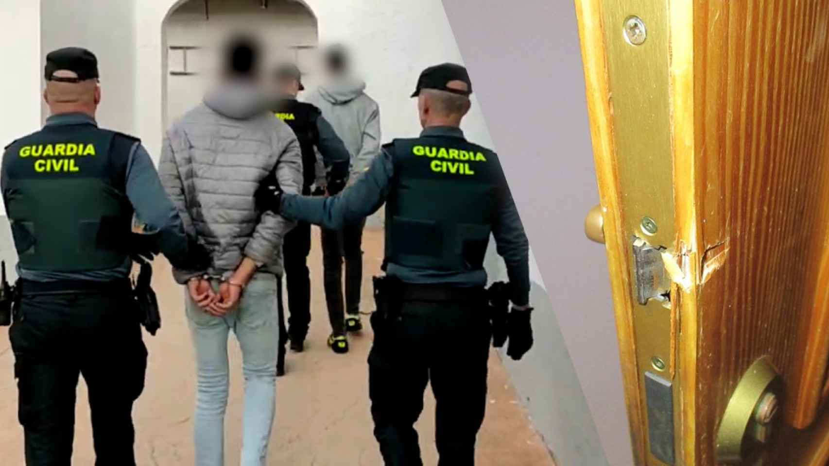 Los detenidos por la Guardia Civil y el resultado de una puerta tras ser forzada por estos dos ladrones.