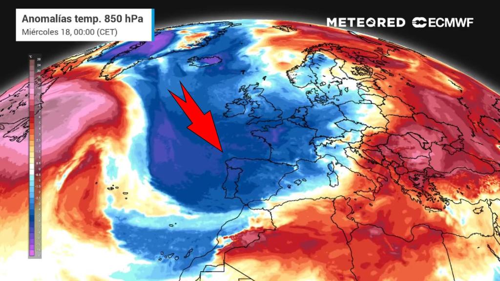 La masa de aire ártico introducido primero por la borrasca Gérard y a continuación por Fien. Meteored.