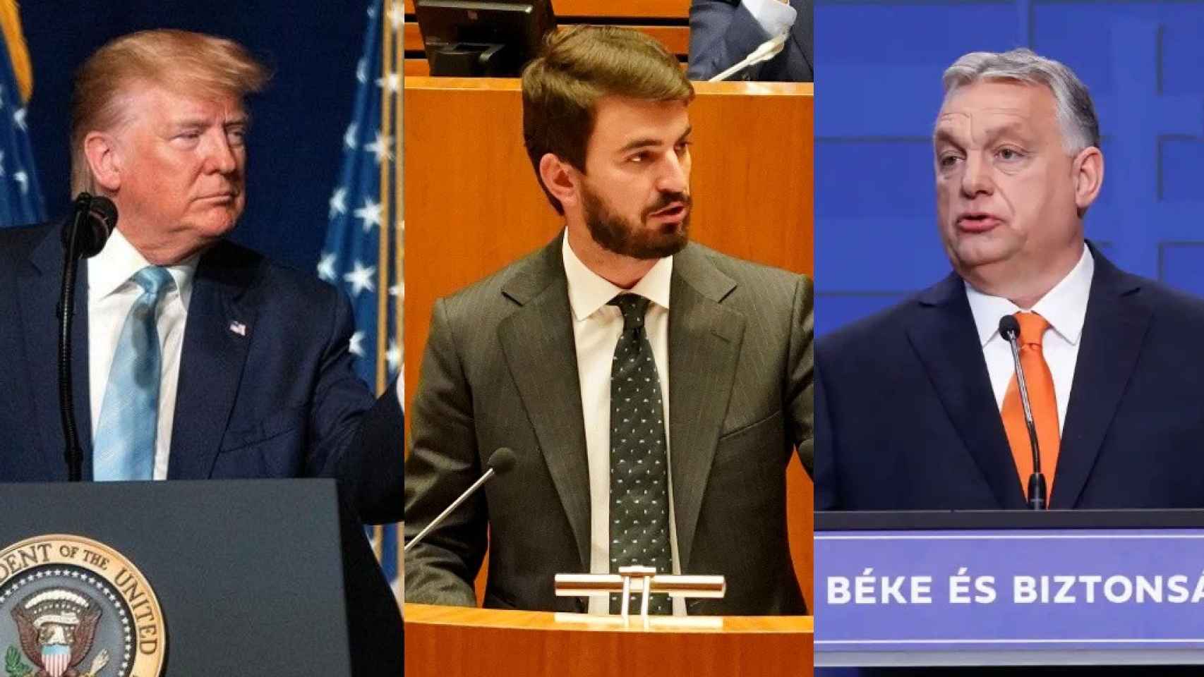 El expresidente de los Estados Unidos, Donald Trump, el vicepresidente de la Junta, Juan García-Gallardo, y el primer ministro húngaro, Viktor Orbán.