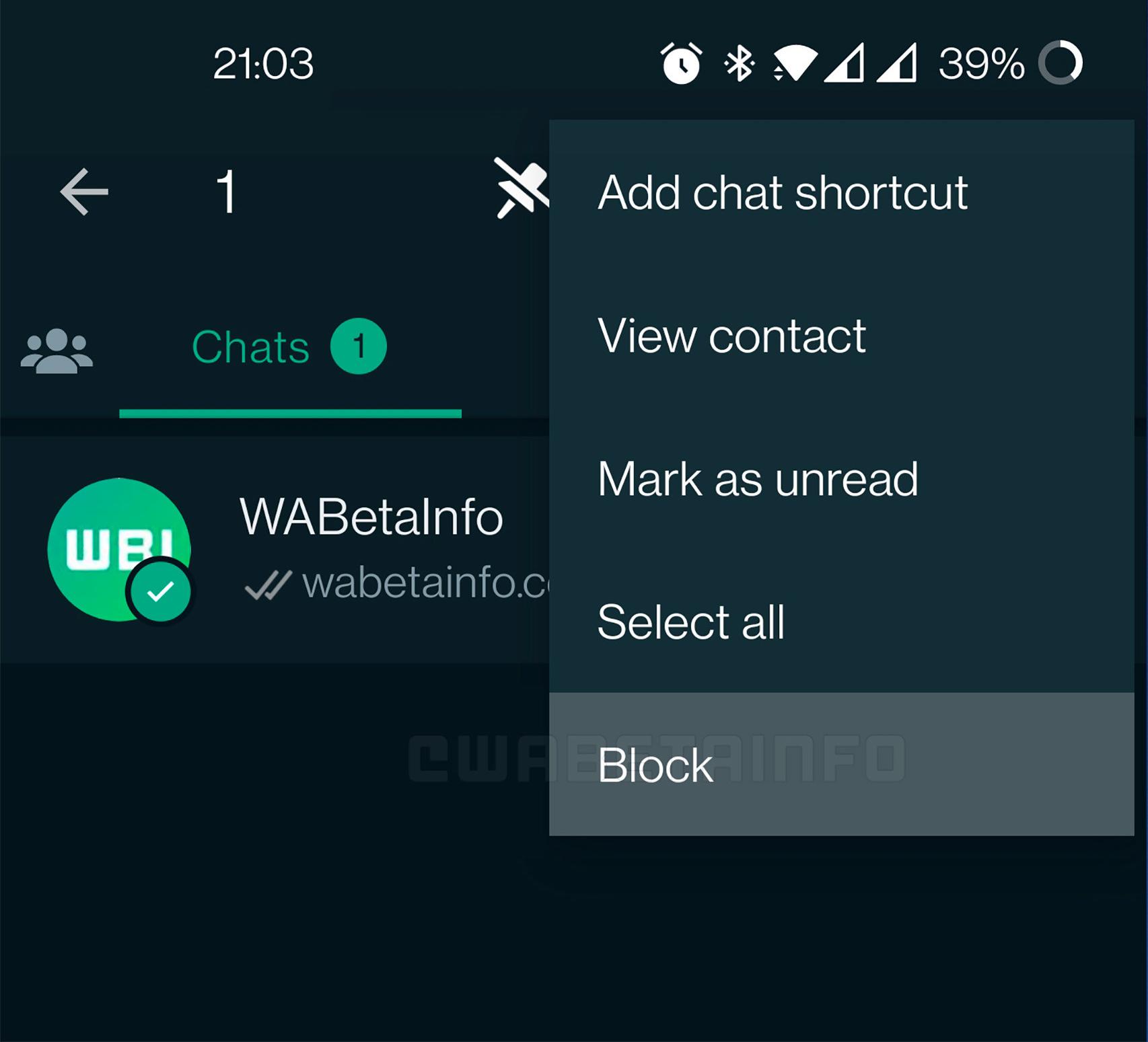 Bloqueo desde la lista de chats en WhatsApp