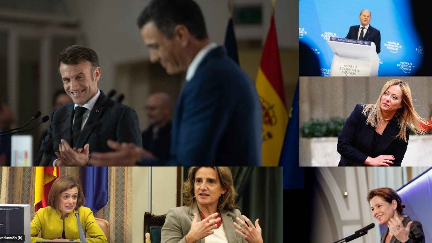 Pedro Sánchez con Emanuel Macron. Olaf Scholz, Giorgia Meloni, Natalia Fabra, Teresa Ribrea y Catherine MacGregor.