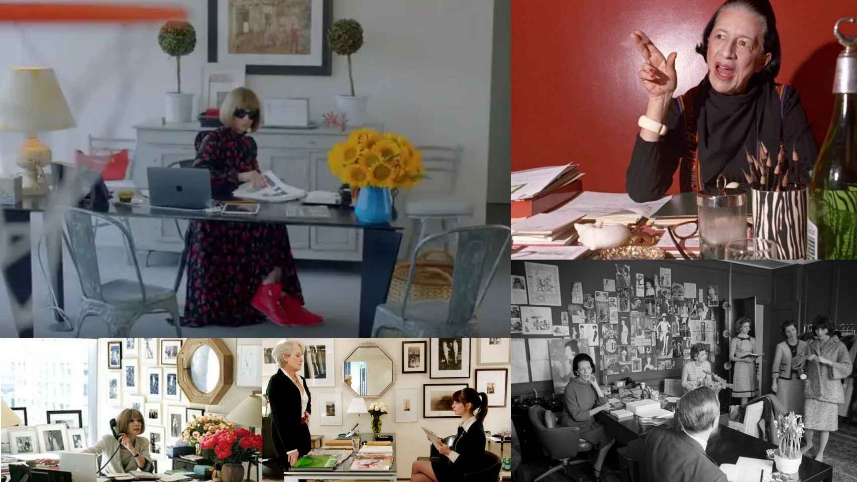 De izda. a dcha. y de arriba a abajo: Anna Wintour, en su nuevo despacho, y Diana Vreeland, en el suyo; Wintour en su anterior oficina, que reprodujo la película 'El diablo viste de Prada', y Vreeland con Truman Capote (de espaldas) y su equipo, en los años 60.