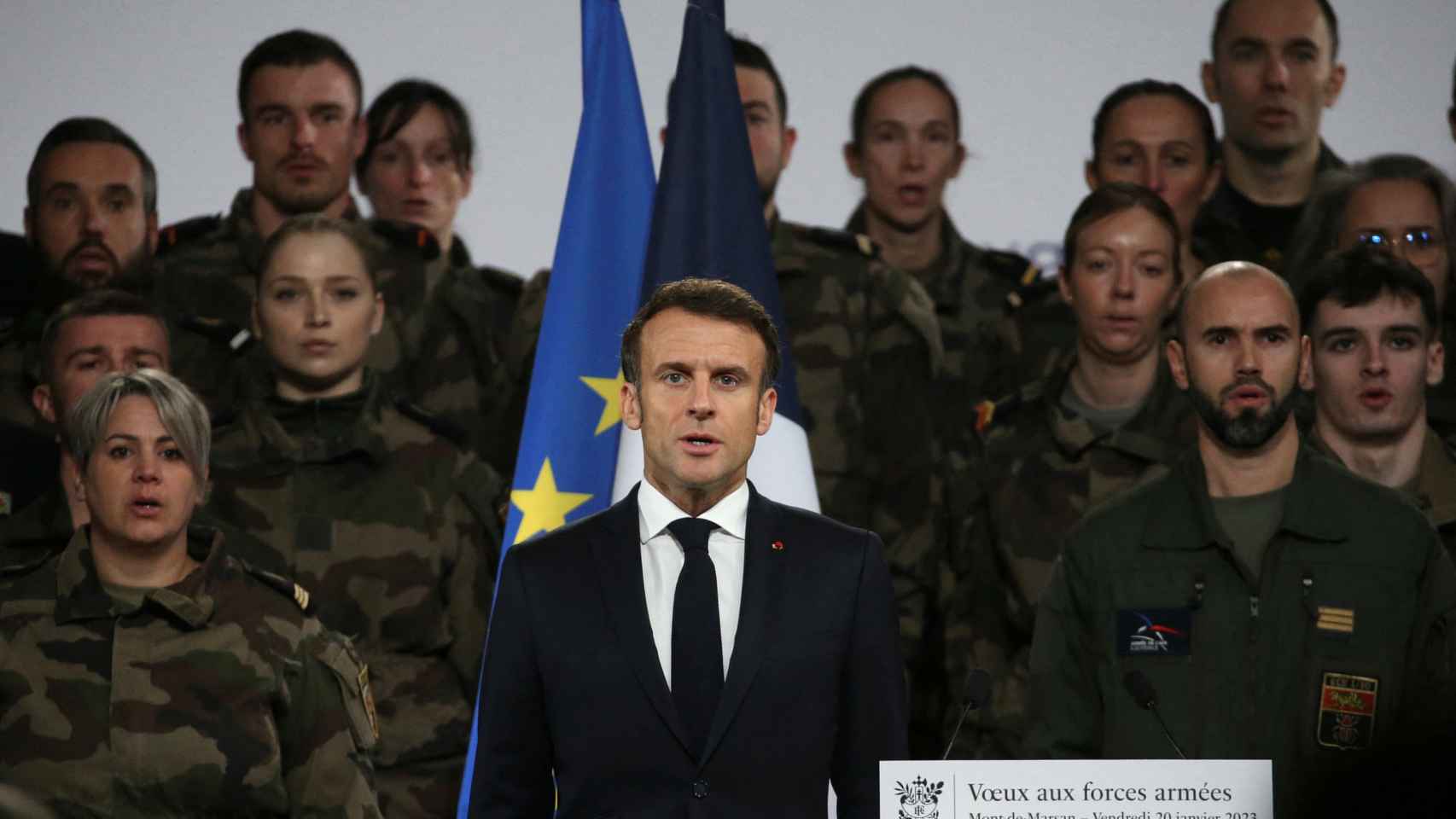 Discurso de Año Nuevo del presidente francés Emmanuel Macron al ejército francés, en la base aérea de Mont-de-Marsan