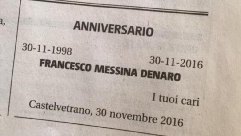 Esquela publicada en el Giornale Sicilia en honor a Francesco Messina Denaro.