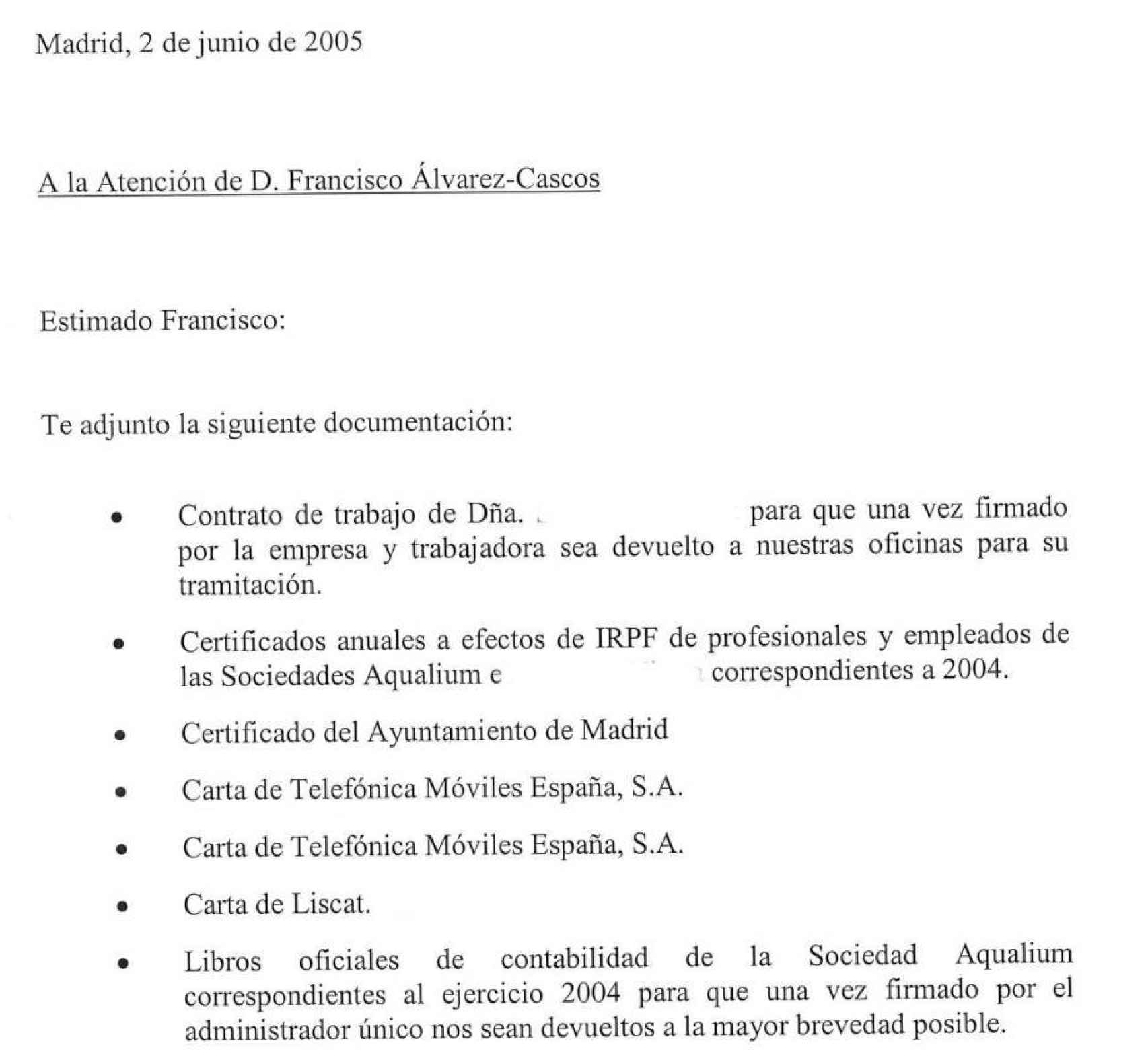 Escrito dirigido por el gestor externo a Francisco Álvarez-Cascos el 2 de junio de 2005.