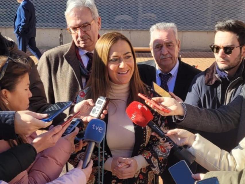 La delegada del Gobierno, Virginia Barcones, interviene ante los medios, este viernes en Venta de Baños.