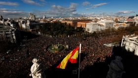 Vista aérea de una manifestación en la plaza de Cibeles (Madrid).