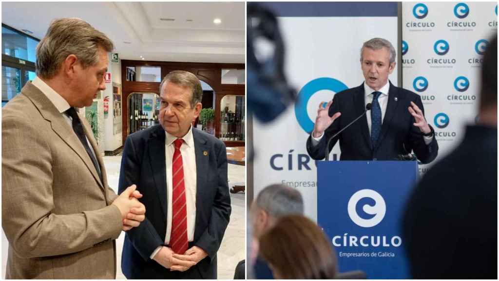 Abel Caballero junto a José Miñones en la entrada del Círculo de Empresarios y Alfonso Rueda durante su intervención, esta mañana en Vigo.