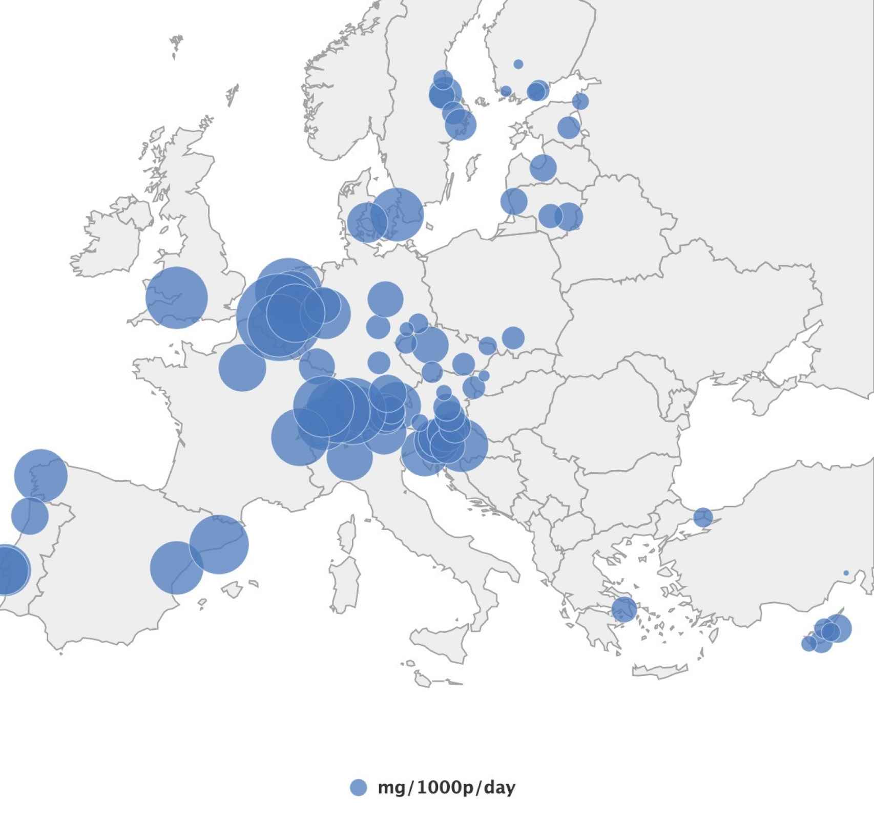 Mapa de la cocaína en aguas residuales de Europa.