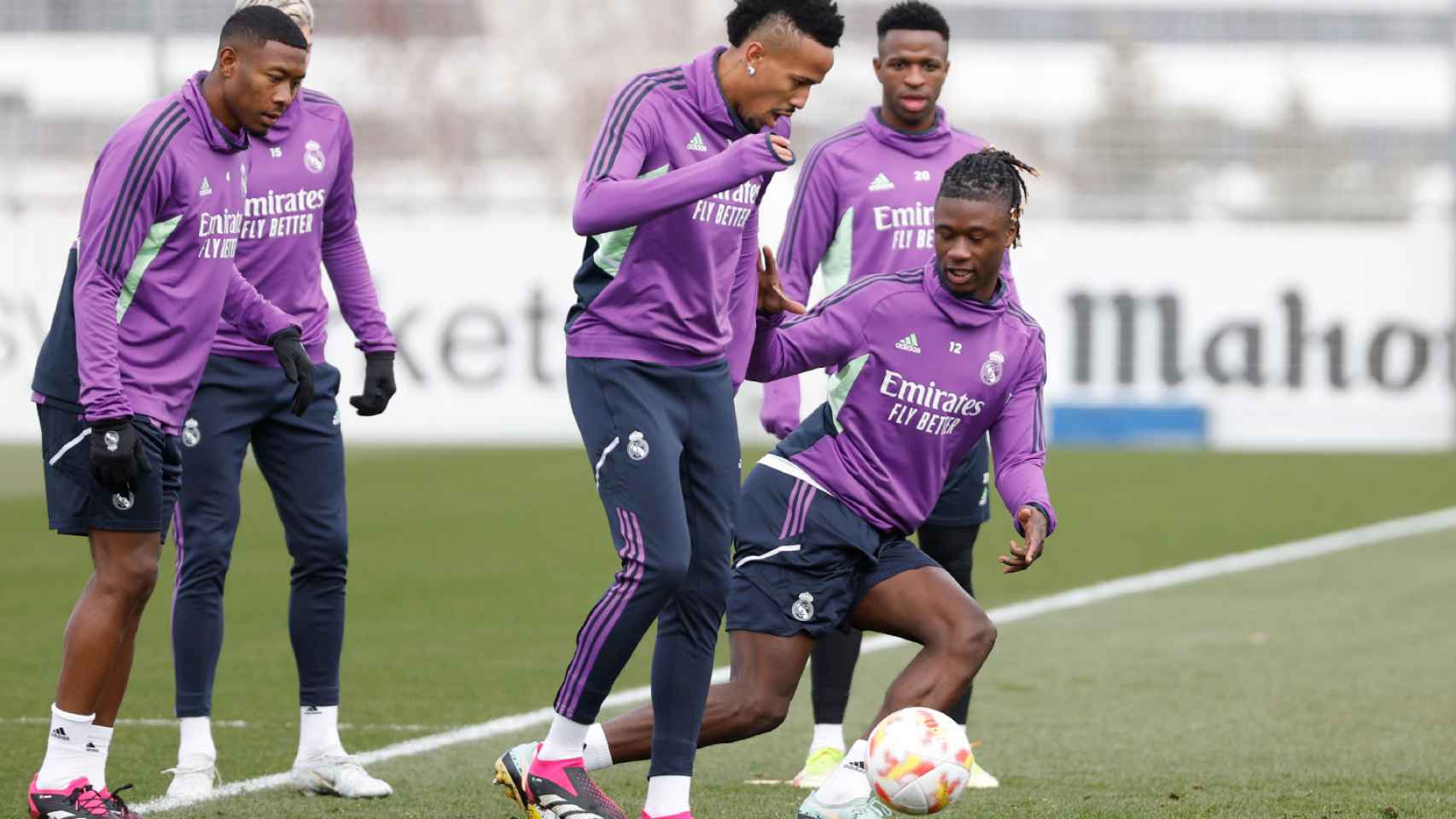 Alaba, Militao, Camavinga y Vinicius, en el entrenamiento del Real Madrid