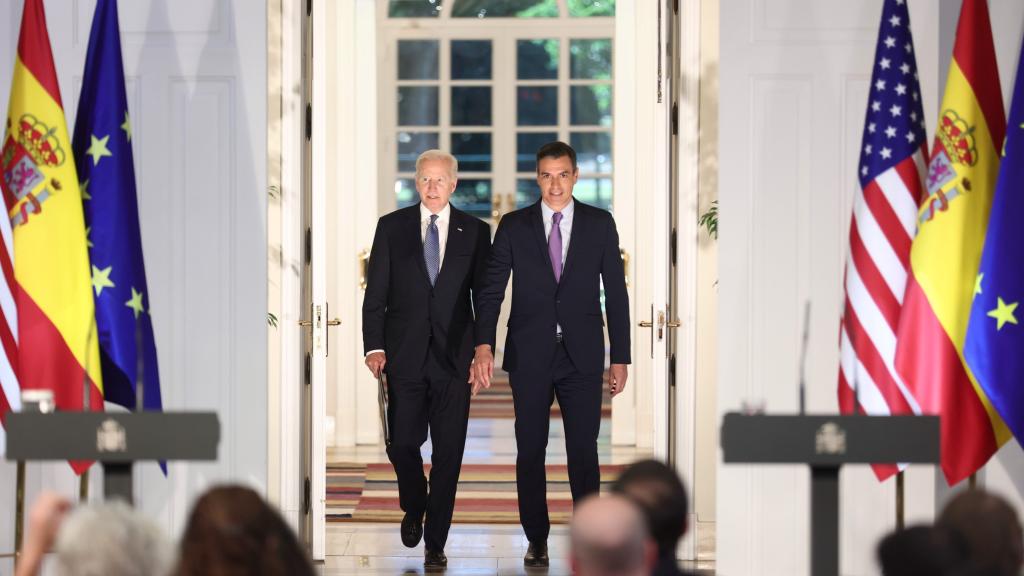 Joe Biden y Pedro Sánchez, en el Palacio de la Moncloa, durante la cumbre de la OTAN en Madrid.