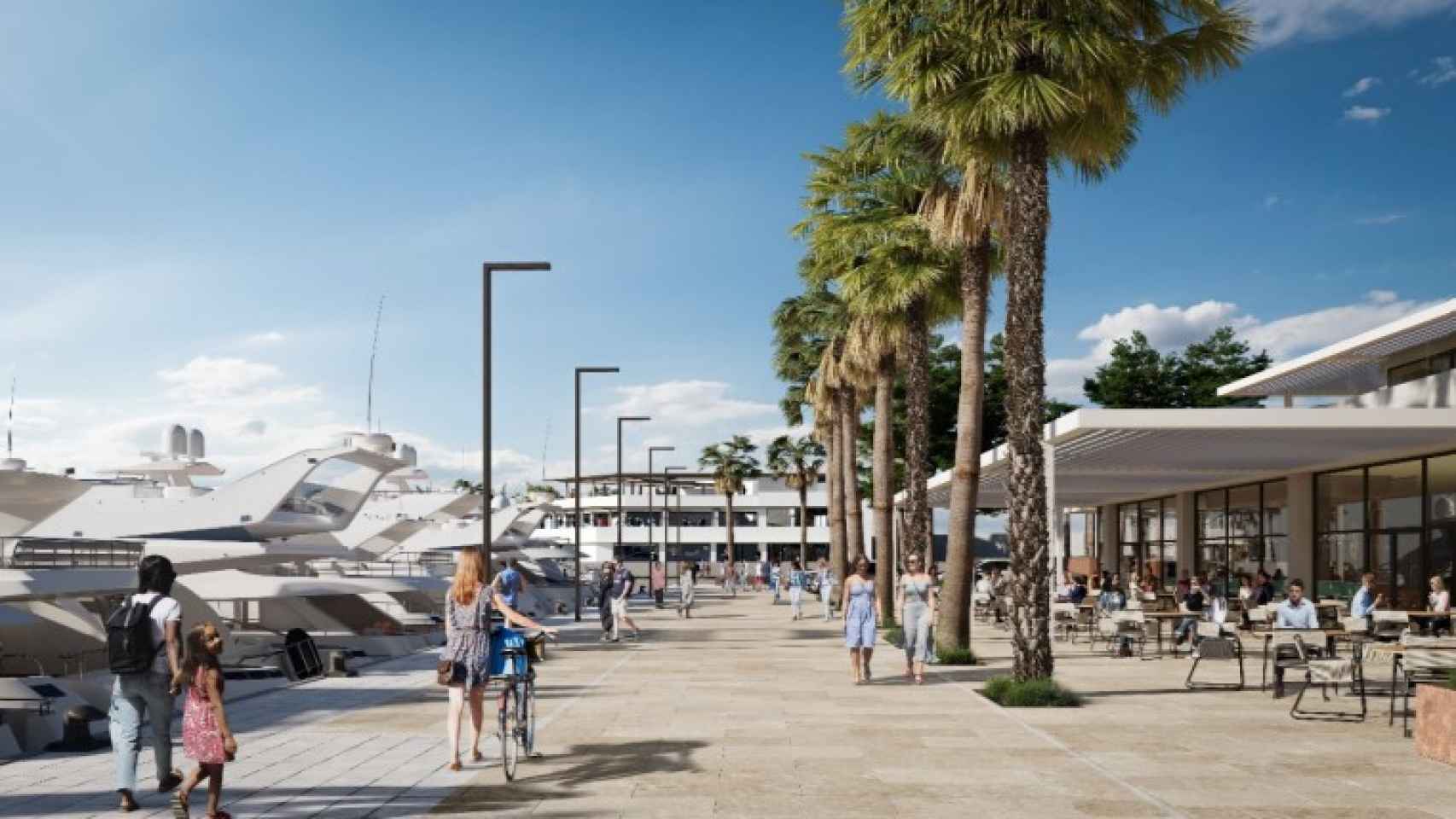 Terrazas en la zona de restauración prevista en la nueva marina de Málaga.