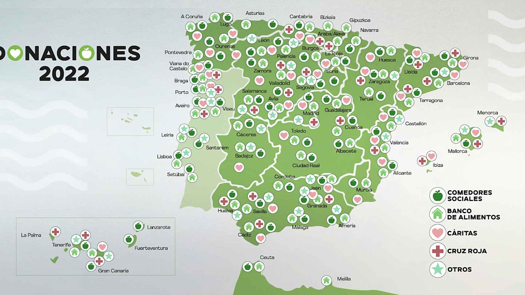 El mapa del tipo de destinatarios de las donaciones de alimentos de Mercadona en 2022.