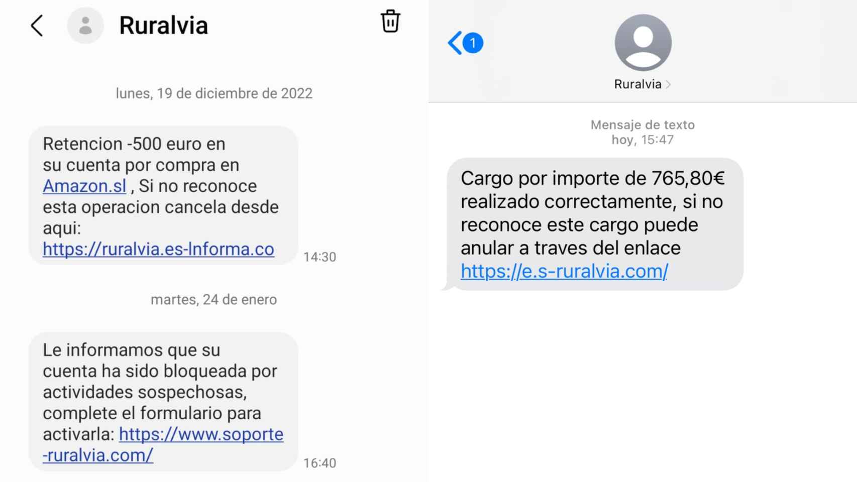 Ejemplos de algunos de los falsos mensajes en nombre de Caja Rural de Zamora que han recibido algunos clientes