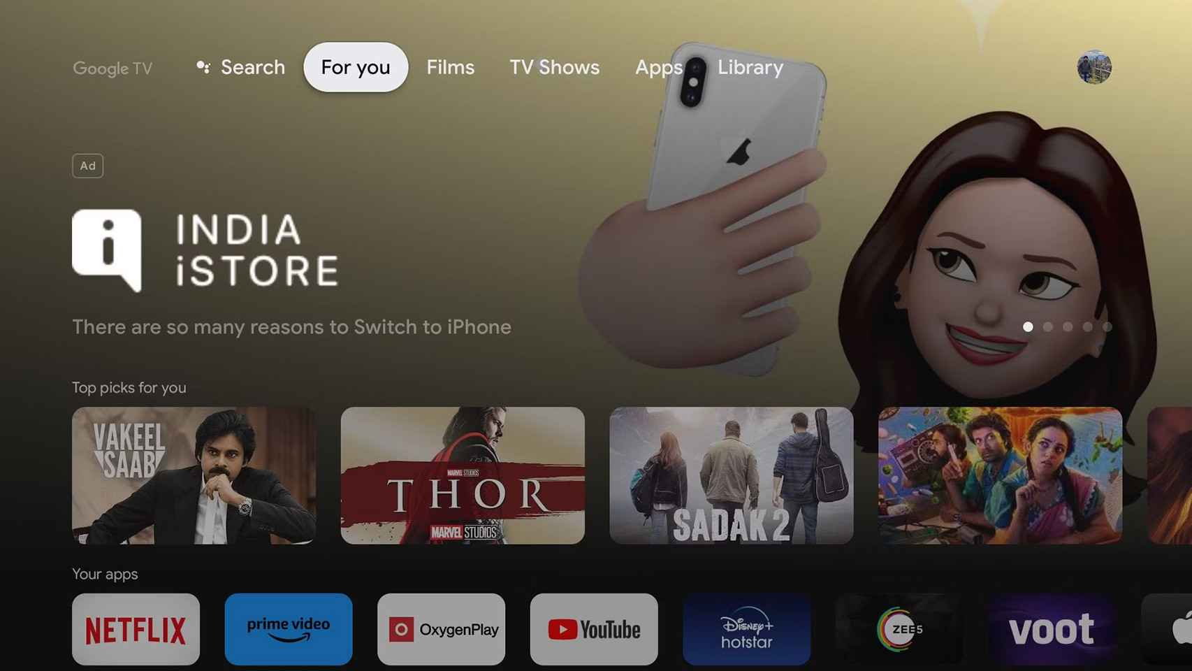 Google TV con un anuncio del iPhone
