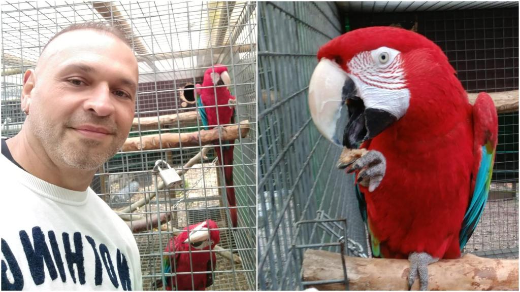 Emilio junto a una de sus aves exóticas.