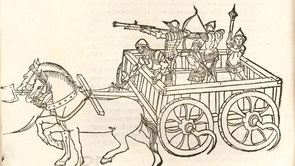 Artilleros manuales husitas sobre un carro fortificado en el siglo XV, representados en una miniatura medieval.