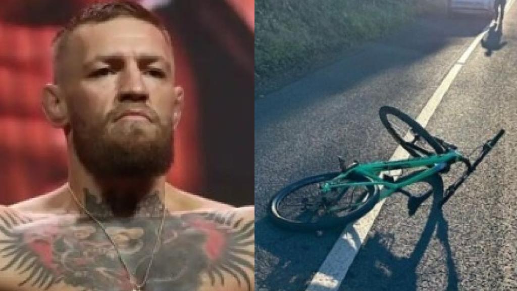 McGregor durante un evento y cómo acabó su bicicleta tras el accidente.