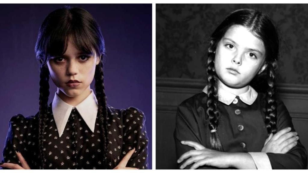 Jenna Ortega y Lisa Loring interpretando a Miércoles Addams