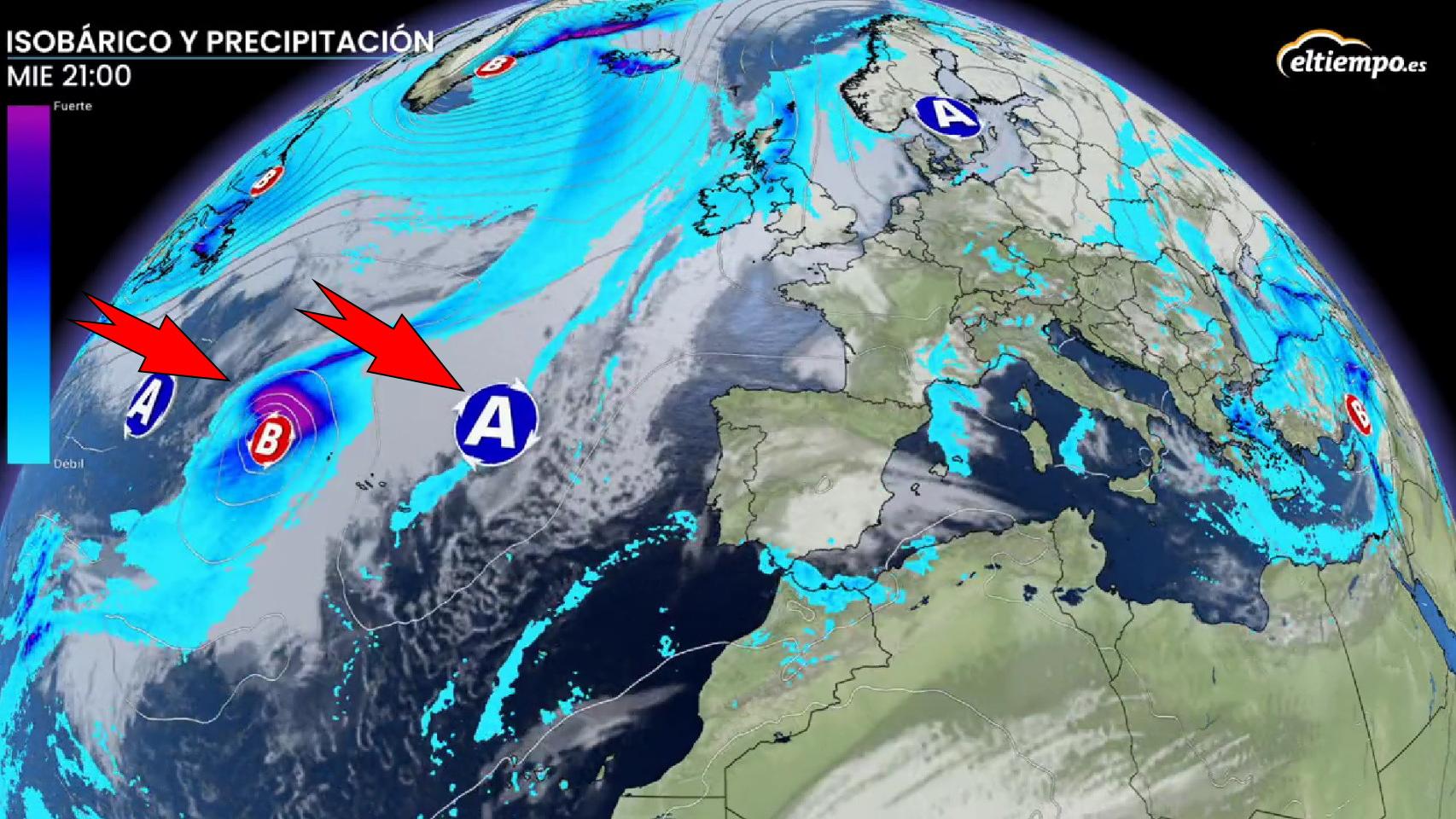 El anticiclón que dominará la primera semana de febrero y la borrasca que puede aproximarse en la segunda. ElTiempo.es.