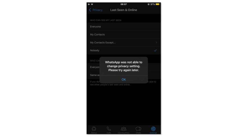 Captura del fallo de WhatsApp en iOS