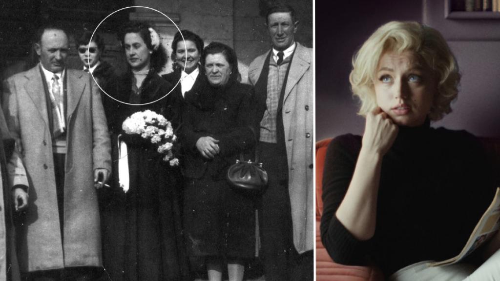A la izquierda, boda por poderes de Maruja Álvarez Merino el 16 de enero de 1954 en Guardo; a la derecha, Ana de Armas en un fotograma promocional de la película 'Blonde'