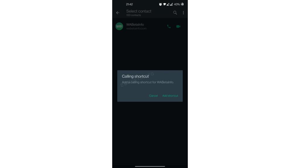El menú para crear accesos directos a llamadas en WhatsApp.