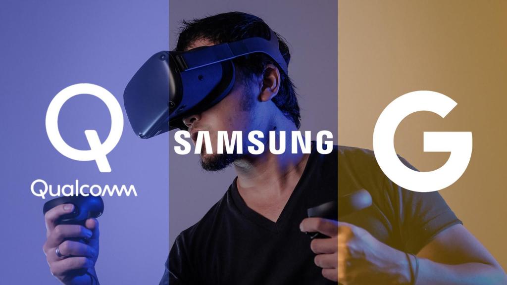 Fotomontaje con una persona usando un headset de realidad virtual.