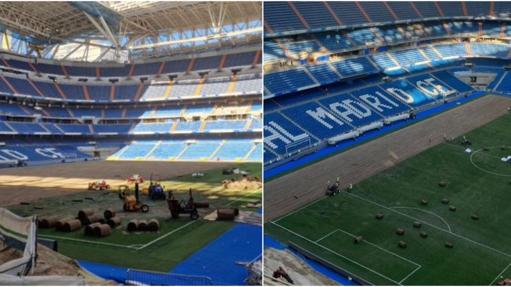 El césped del Estadio Santiago Bernabéu durante sus cambios