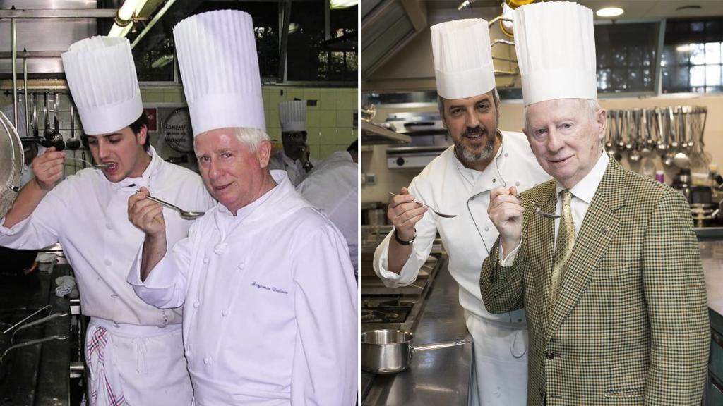 El jefe de cocina originario y el actual recreando una foto de cuando trabajaban juntos.